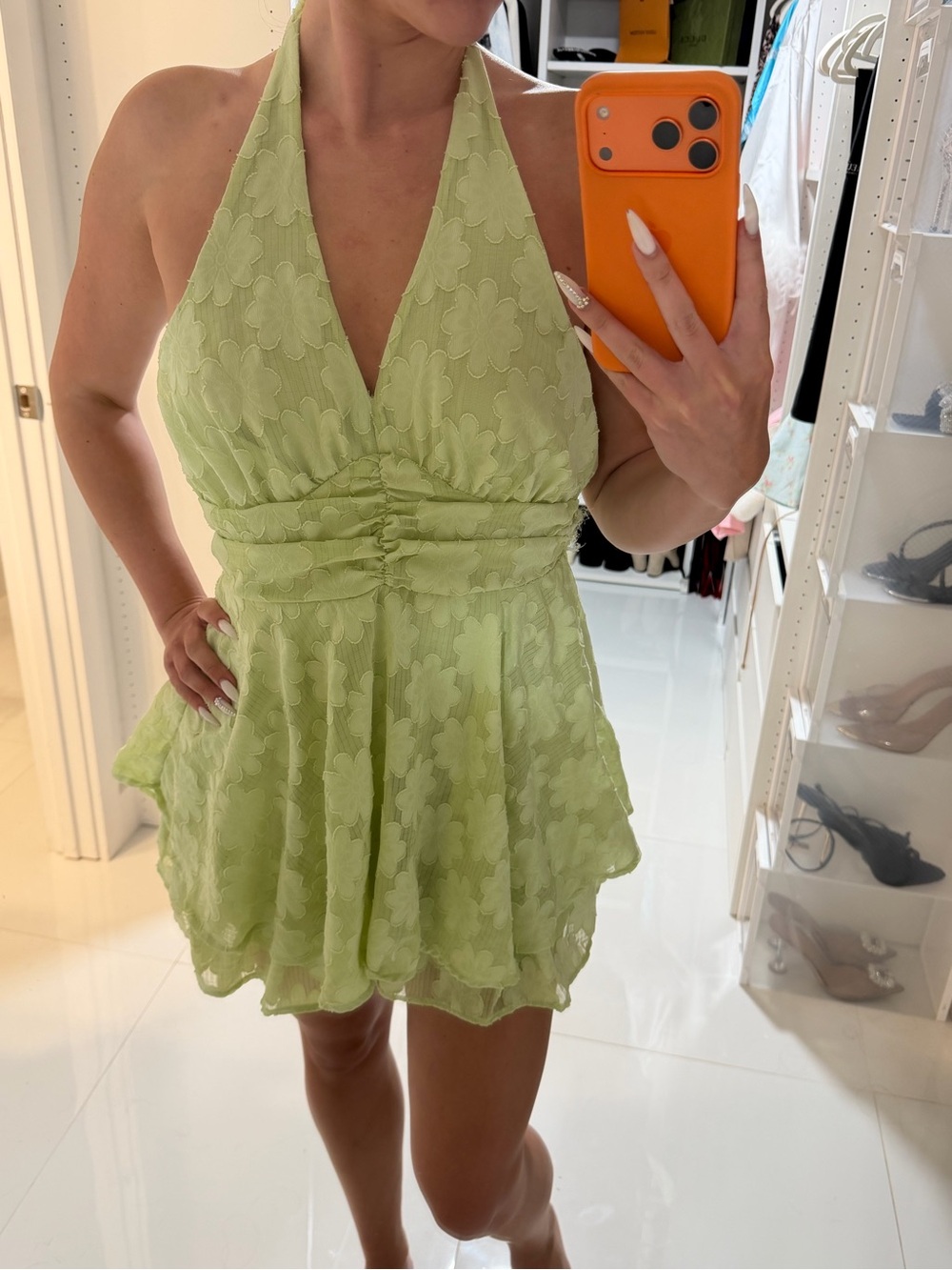 Lime Green Halter Floral Fit-and-Flare Dress